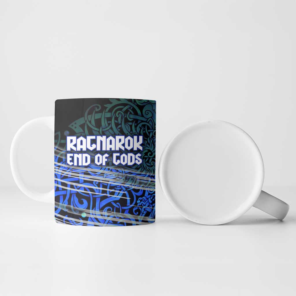 Fenrir Ceramic Mug with Blue Wolf, Runes and Ragnarok End of Gods Tribute - Wonder Print Shop