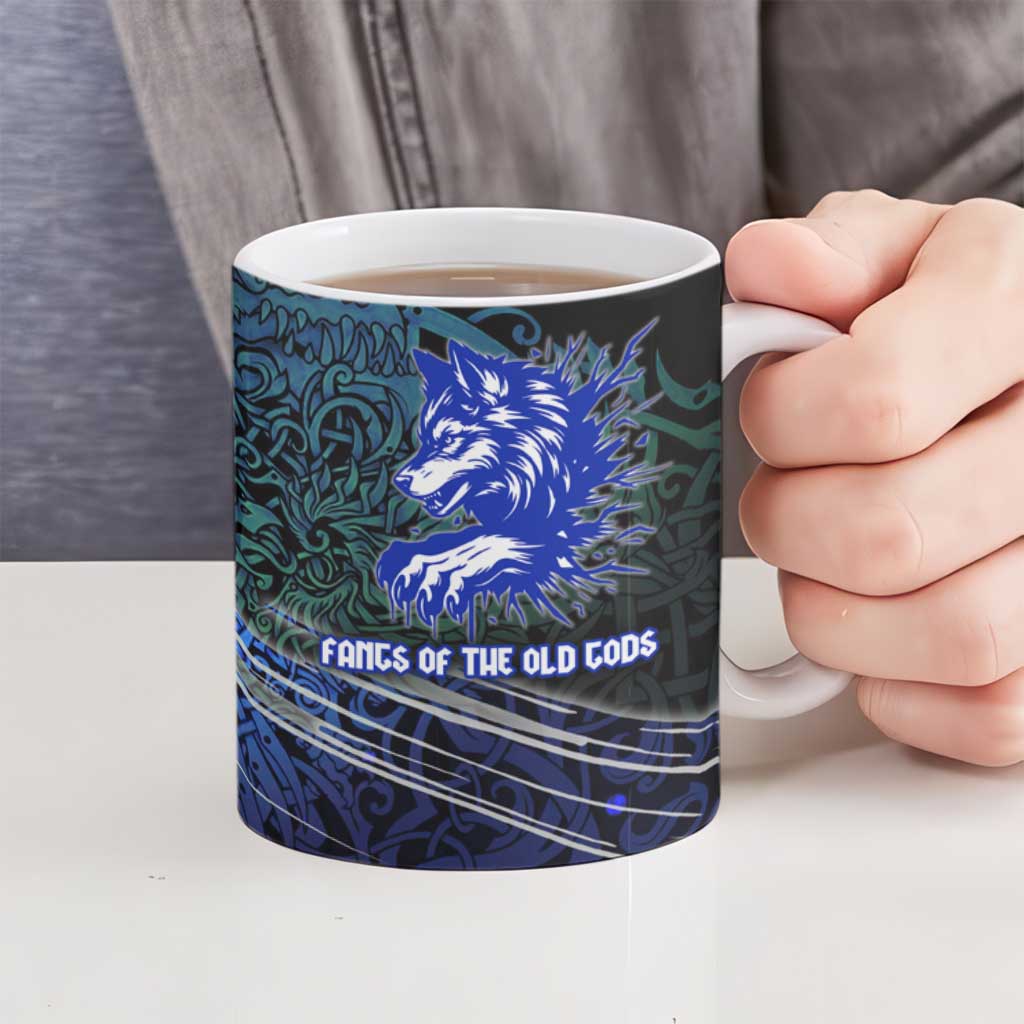 Fenrir Ceramic Mug with Blue Wolf, Runes and Ragnarok End of Gods Tribute - Wonder Print Shop