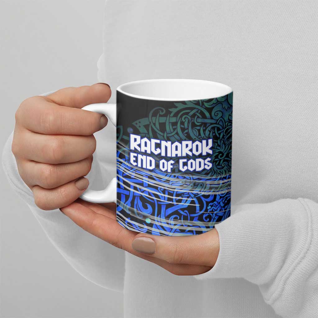 Fenrir Ceramic Mug with Blue Wolf, Runes and Ragnarok End of Gods Tribute - Wonder Print Shop