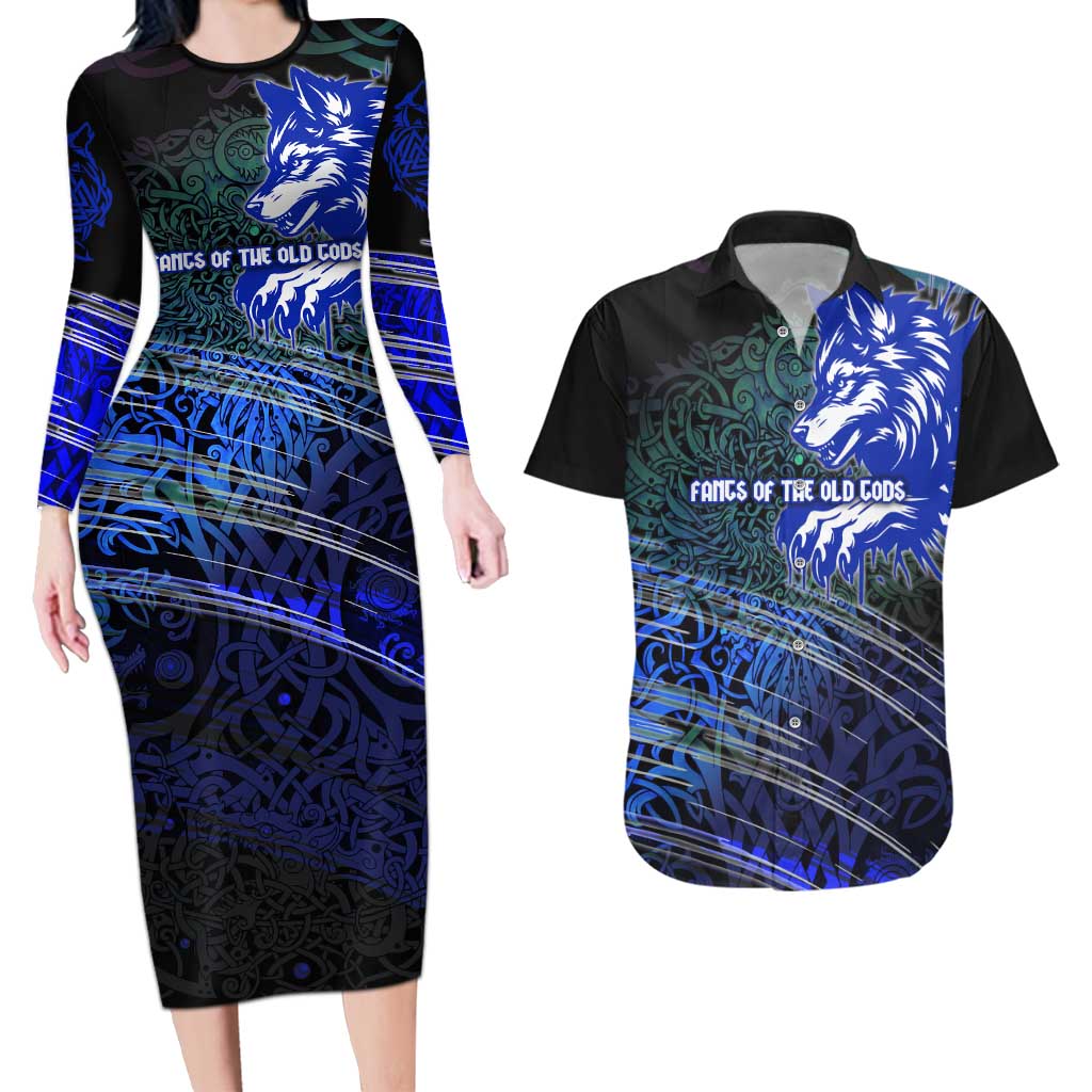 Fenrir Couples Matching Long Sleeve Bodycon Dress and Hawaiian Shirt with Blue Wolf, Runes and Ragnarok End of Gods Tribute - Wonder Print Shop