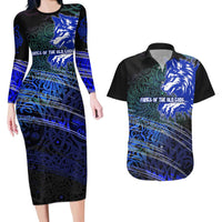 Fenrir Couples Matching Long Sleeve Bodycon Dress and Hawaiian Shirt with Blue Wolf, Runes and Ragnarok End of Gods Tribute - Wonder Print Shop