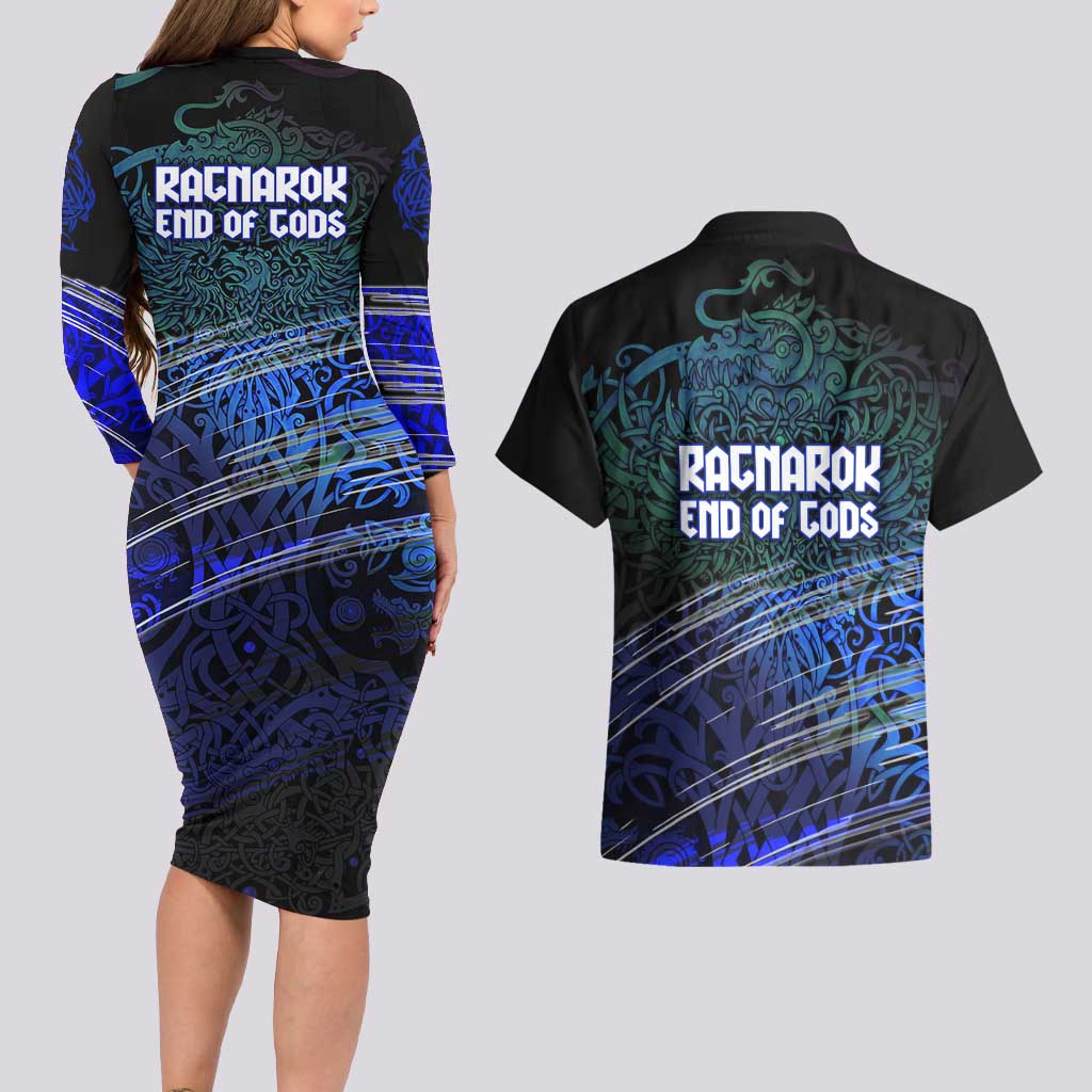 Fenrir Couples Matching Long Sleeve Bodycon Dress and Hawaiian Shirt with Blue Wolf, Runes and Ragnarok End of Gods Tribute - Wonder Print Shop