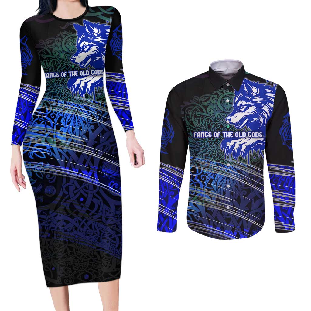 Fenrir Couples Matching Long Sleeve Bodycon Dress and Long Sleeve Button Shirt with Blue Wolf, Runes and Ragnarok End of Gods Tribute - Wonder Print Shop