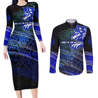 Fenrir Couples Matching Long Sleeve Bodycon Dress and Long Sleeve Button Shirt with Blue Wolf, Runes and Ragnarok End of Gods Tribute - Wonder Print Shop
