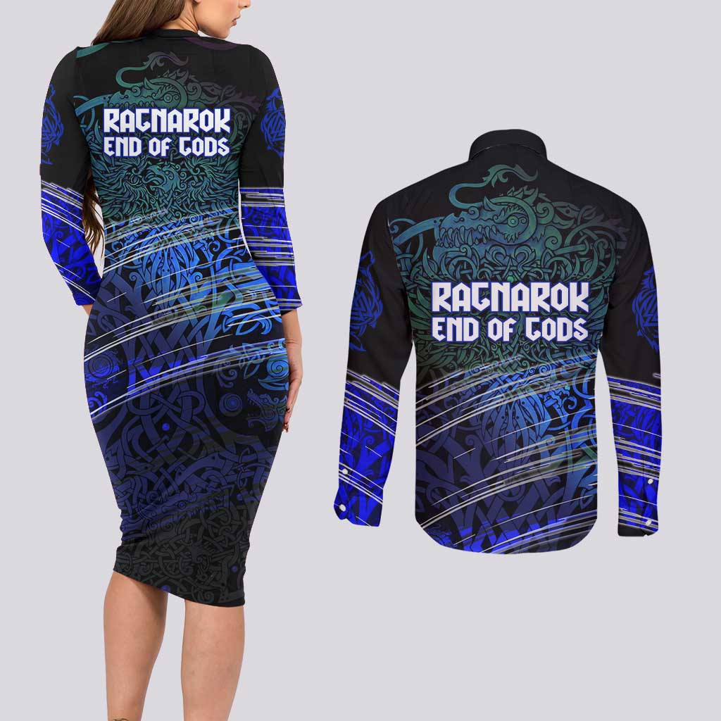 Fenrir Couples Matching Long Sleeve Bodycon Dress and Long Sleeve Button Shirt with Blue Wolf, Runes and Ragnarok End of Gods Tribute - Wonder Print Shop