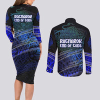 Fenrir Couples Matching Long Sleeve Bodycon Dress and Long Sleeve Button Shirt with Blue Wolf, Runes and Ragnarok End of Gods Tribute - Wonder Print Shop