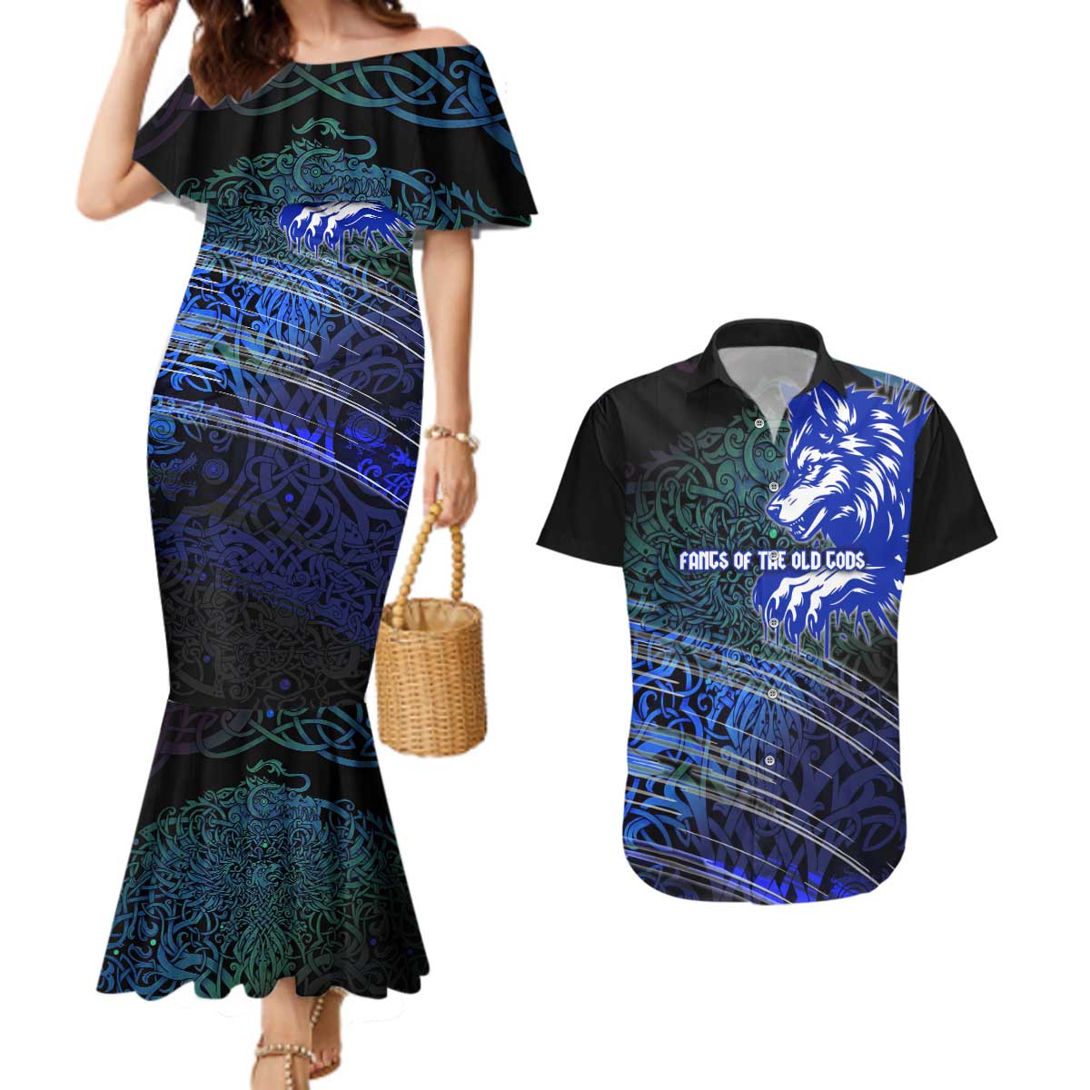 Fenrir Couples Matching Mermaid Dress and Hawaiian Shirt with Blue Wolf, Runes and Ragnarok End of Gods Tribute - Wonder Print Shop