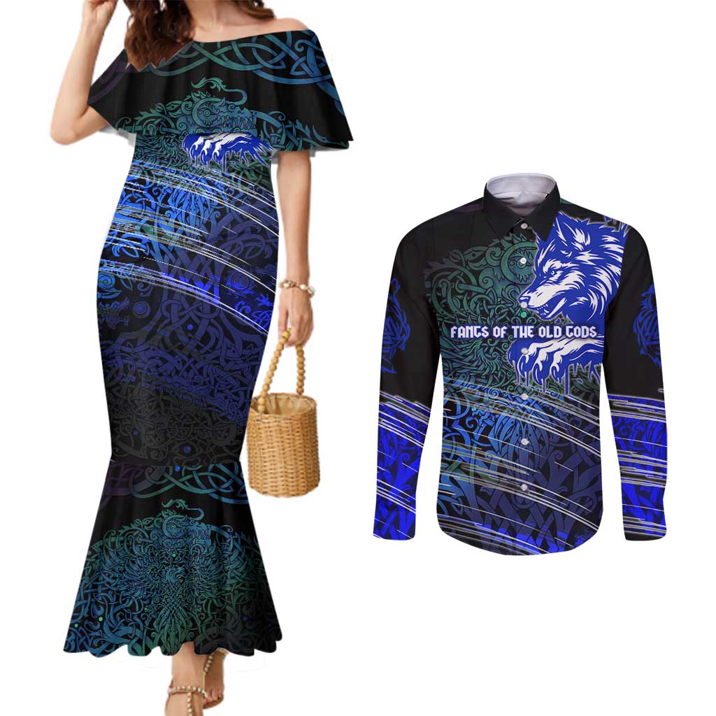 Fenrir Couples Matching Mermaid Dress and Long Sleeve Button Shirt with Blue Wolf, Runes and Ragnarok End of Gods Tribute - Wonder Print Shop