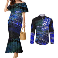 Fenrir Couples Matching Mermaid Dress and Long Sleeve Button Shirt with Blue Wolf, Runes and Ragnarok End of Gods Tribute - Wonder Print Shop