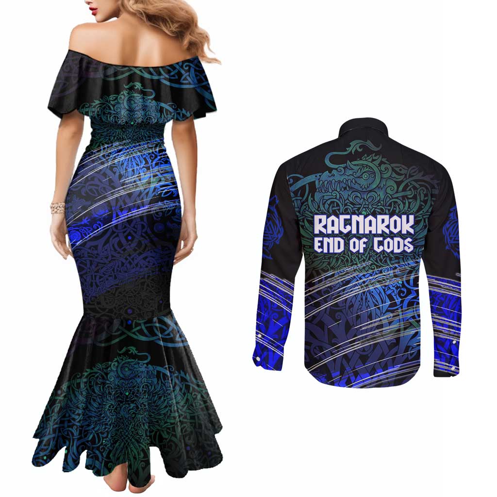 Fenrir Couples Matching Mermaid Dress and Long Sleeve Button Shirt with Blue Wolf, Runes and Ragnarok End of Gods Tribute - Wonder Print Shop