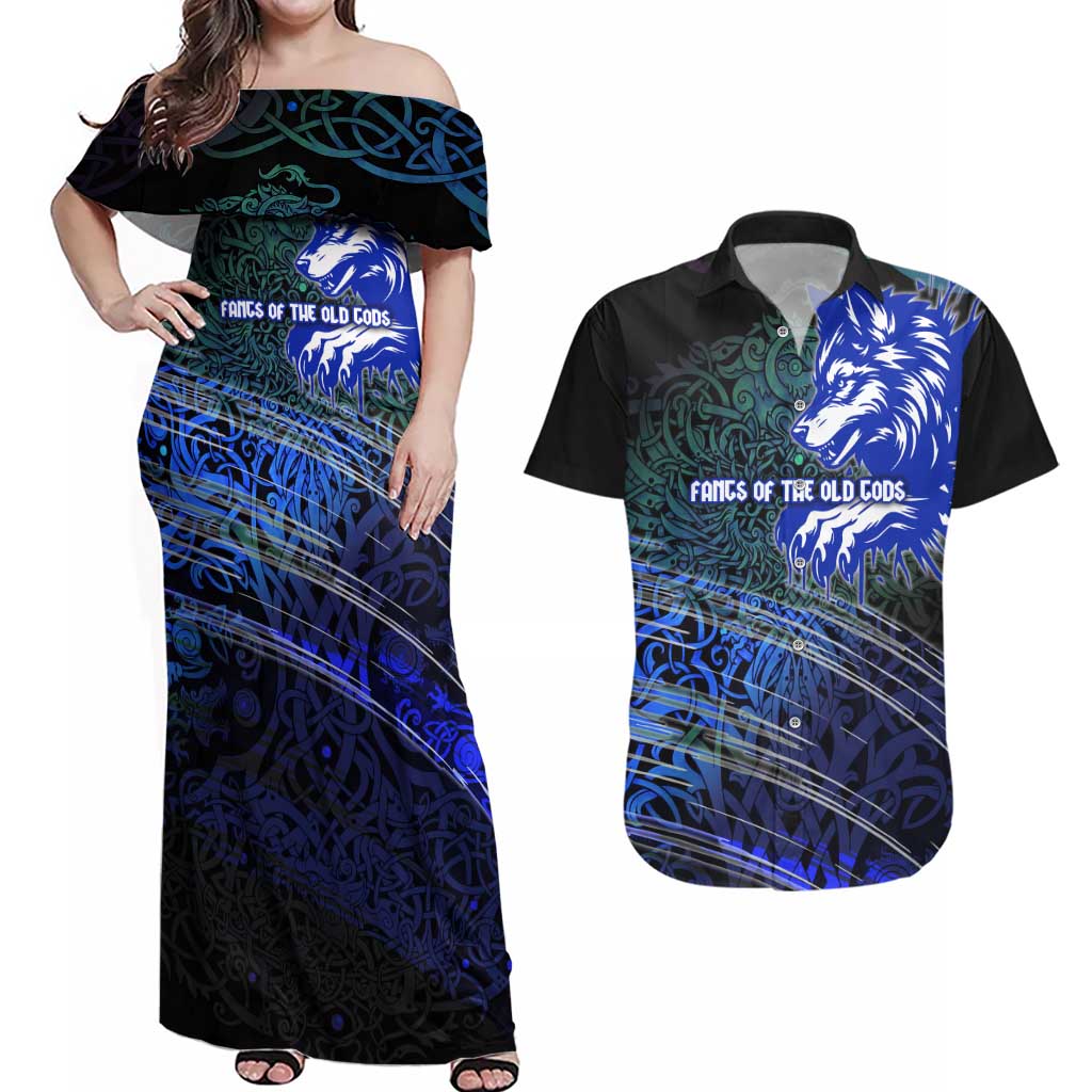 Fenrir Couples Matching Off Shoulder Maxi Dress and Hawaiian Shirt with Blue Wolf, Runes and Ragnarok End of Gods Tribute - Wonder Print Shop