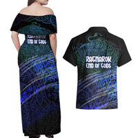 Fenrir Couples Matching Off Shoulder Maxi Dress and Hawaiian Shirt with Blue Wolf, Runes and Ragnarok End of Gods Tribute - Wonder Print Shop