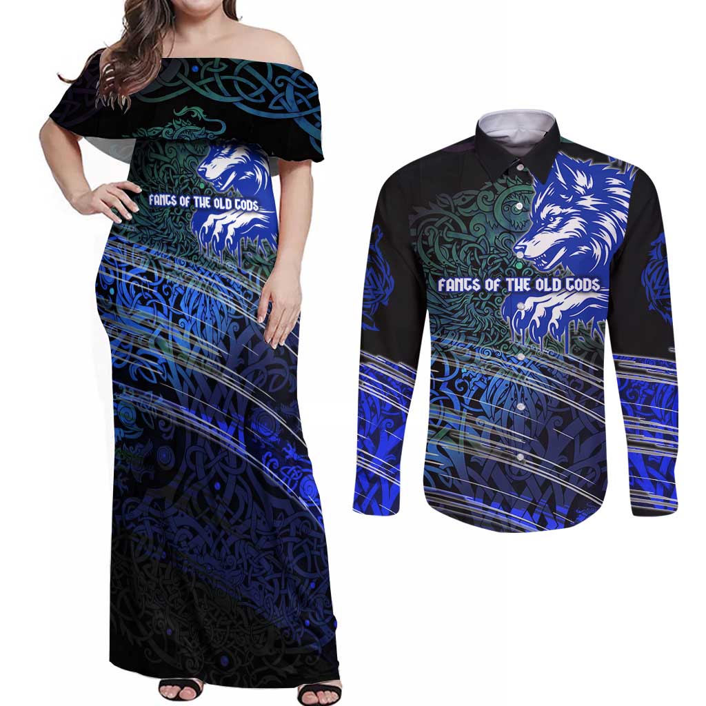 Fenrir Couples Matching Off Shoulder Maxi Dress and Long Sleeve Button Shirt with Blue Wolf, Runes and Ragnarok End of Gods Tribute - Wonder Print Shop