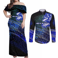 Fenrir Couples Matching Off Shoulder Maxi Dress and Long Sleeve Button Shirt with Blue Wolf, Runes and Ragnarok End of Gods Tribute - Wonder Print Shop