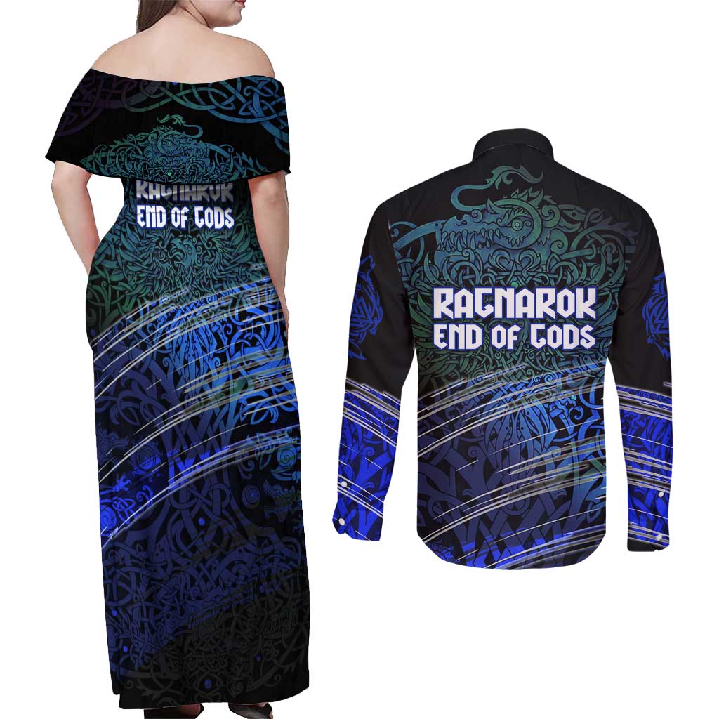 Fenrir Couples Matching Off Shoulder Maxi Dress and Long Sleeve Button Shirt with Blue Wolf, Runes and Ragnarok End of Gods Tribute - Wonder Print Shop