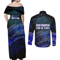 Fenrir Couples Matching Off Shoulder Maxi Dress and Long Sleeve Button Shirt with Blue Wolf, Runes and Ragnarok End of Gods Tribute - Wonder Print Shop