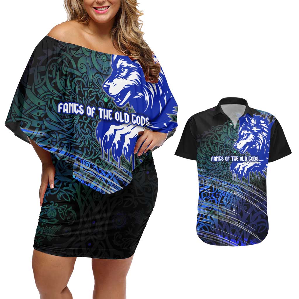 Fenrir Couples Matching Off Shoulder Short Dress and Hawaiian Shirt with Blue Wolf, Runes and Ragnarok End of Gods Tribute - Wonder Print Shop