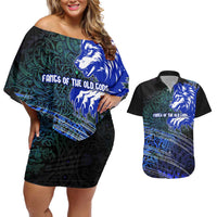 Fenrir Couples Matching Off Shoulder Short Dress and Hawaiian Shirt with Blue Wolf, Runes and Ragnarok End of Gods Tribute - Wonder Print Shop