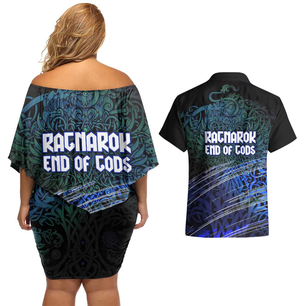 Fenrir Couples Matching Off Shoulder Short Dress and Hawaiian Shirt with Blue Wolf, Runes and Ragnarok End of Gods Tribute - Wonder Print Shop