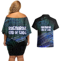 Fenrir Couples Matching Off Shoulder Short Dress and Hawaiian Shirt with Blue Wolf, Runes and Ragnarok End of Gods Tribute - Wonder Print Shop