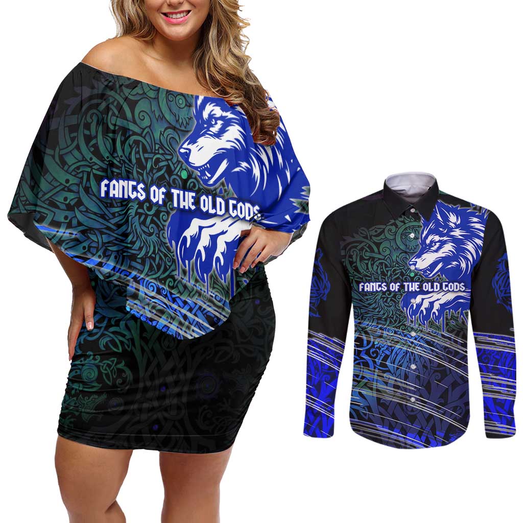 Fenrir Couples Matching Off Shoulder Short Dress and Long Sleeve Button Shirt with Blue Wolf, Runes and Ragnarok End of Gods Tribute - Wonder Print Shop