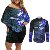 Fenrir Couples Matching Off Shoulder Short Dress and Long Sleeve Button Shirt with Blue Wolf, Runes and Ragnarok End of Gods Tribute - Wonder Print Shop