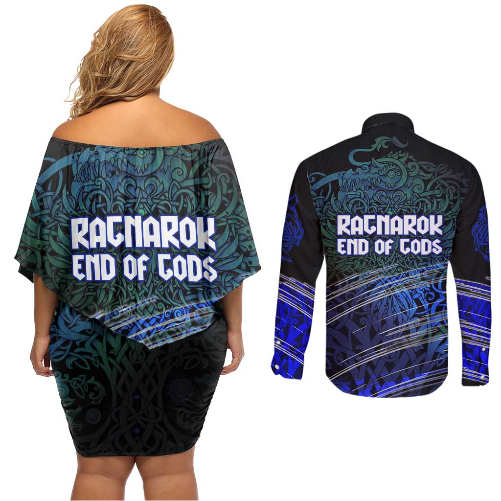 Fenrir Couples Matching Off Shoulder Short Dress and Long Sleeve Button Shirt with Blue Wolf, Runes and Ragnarok End of Gods Tribute - Wonder Print Shop