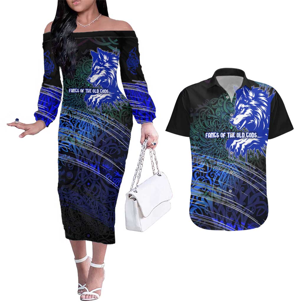 Fenrir Couples Matching Off The Shoulder Long Sleeve Dress and Hawaiian Shirt with Blue Wolf, Runes and Ragnarok End of Gods Tribute - Wonder Print Shop