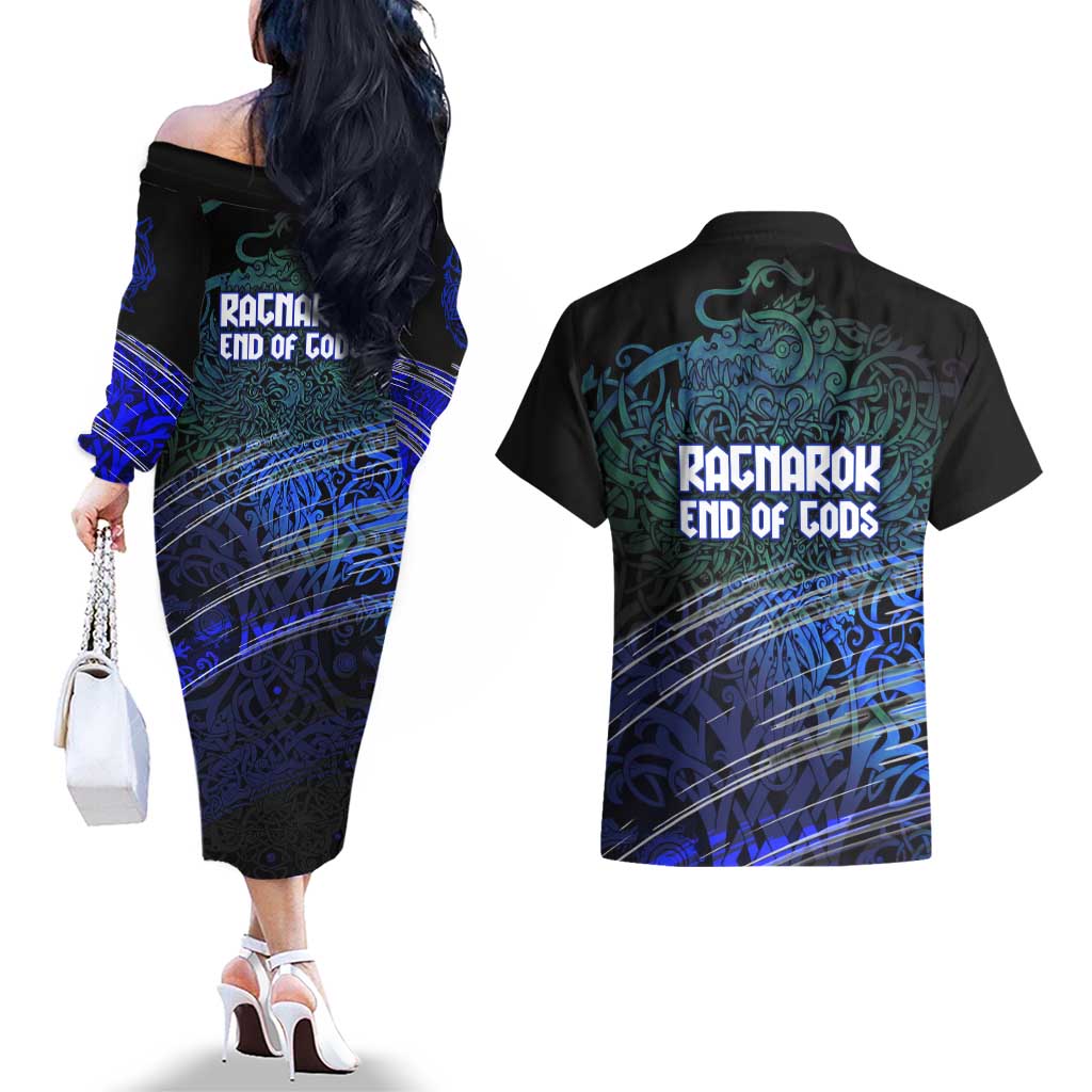 Fenrir Couples Matching Off The Shoulder Long Sleeve Dress and Hawaiian Shirt with Blue Wolf, Runes and Ragnarok End of Gods Tribute - Wonder Print Shop