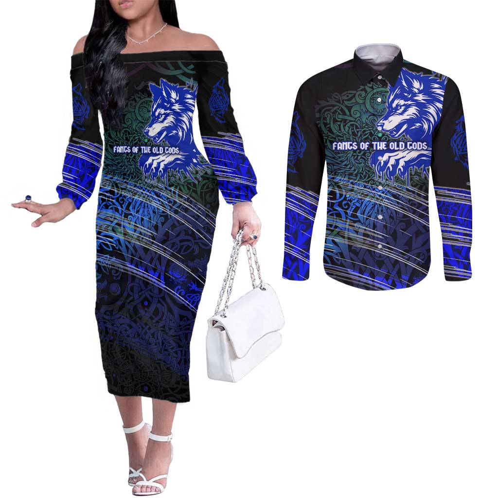 Fenrir Couples Matching Off The Shoulder Long Sleeve Dress and Long Sleeve Button Shirt with Blue Wolf, Runes and Ragnarok End of Gods Tribute - Wonder Print Shop