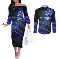 Fenrir Couples Matching Off The Shoulder Long Sleeve Dress and Long Sleeve Button Shirt with Blue Wolf, Runes and Ragnarok End of Gods Tribute - Wonder Print Shop
