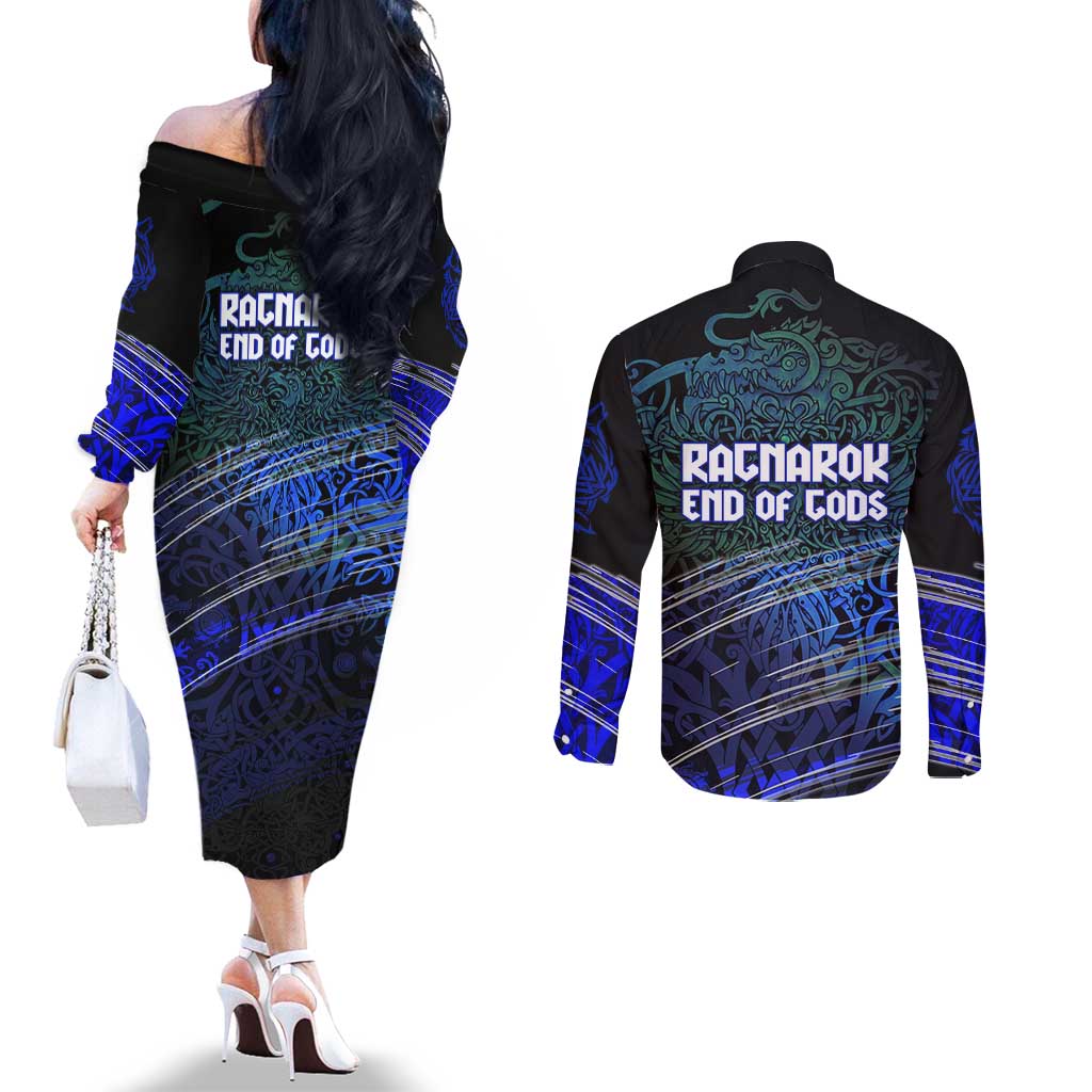 Fenrir Couples Matching Off The Shoulder Long Sleeve Dress and Long Sleeve Button Shirt with Blue Wolf, Runes and Ragnarok End of Gods Tribute - Wonder Print Shop