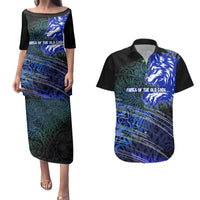 Fenrir Couples Matching Puletasi and Hawaiian Shirt with Blue Wolf, Runes and Ragnarok End of Gods Tribute - Wonder Print Shop