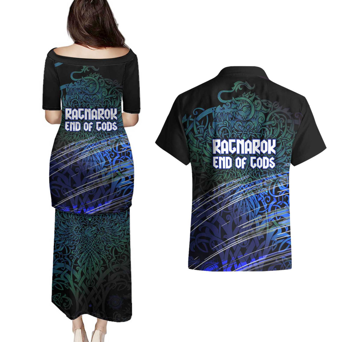 Fenrir Couples Matching Puletasi and Hawaiian Shirt with Blue Wolf, Runes and Ragnarok End of Gods Tribute - Wonder Print Shop