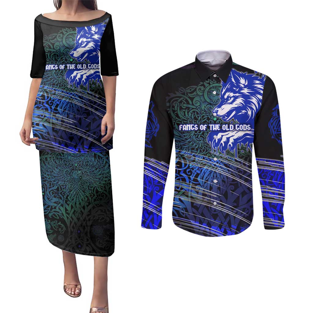 Fenrir Couples Matching Puletasi and Long Sleeve Button Shirt with Blue Wolf, Runes and Ragnarok End of Gods Tribute - Wonder Print Shop