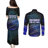 Fenrir Couples Matching Puletasi and Long Sleeve Button Shirt with Blue Wolf, Runes and Ragnarok End of Gods Tribute - Wonder Print Shop