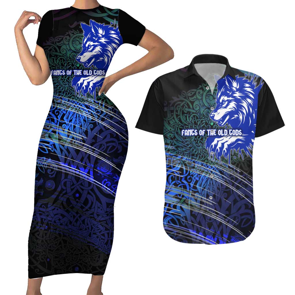 Fenrir Couples Matching Short Sleeve Bodycon Dress and Hawaiian Shirt with Blue Wolf, Runes and Ragnarok End of Gods Tribute - Wonder Print Shop