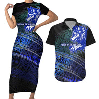 Fenrir Couples Matching Short Sleeve Bodycon Dress and Hawaiian Shirt with Blue Wolf, Runes and Ragnarok End of Gods Tribute - Wonder Print Shop
