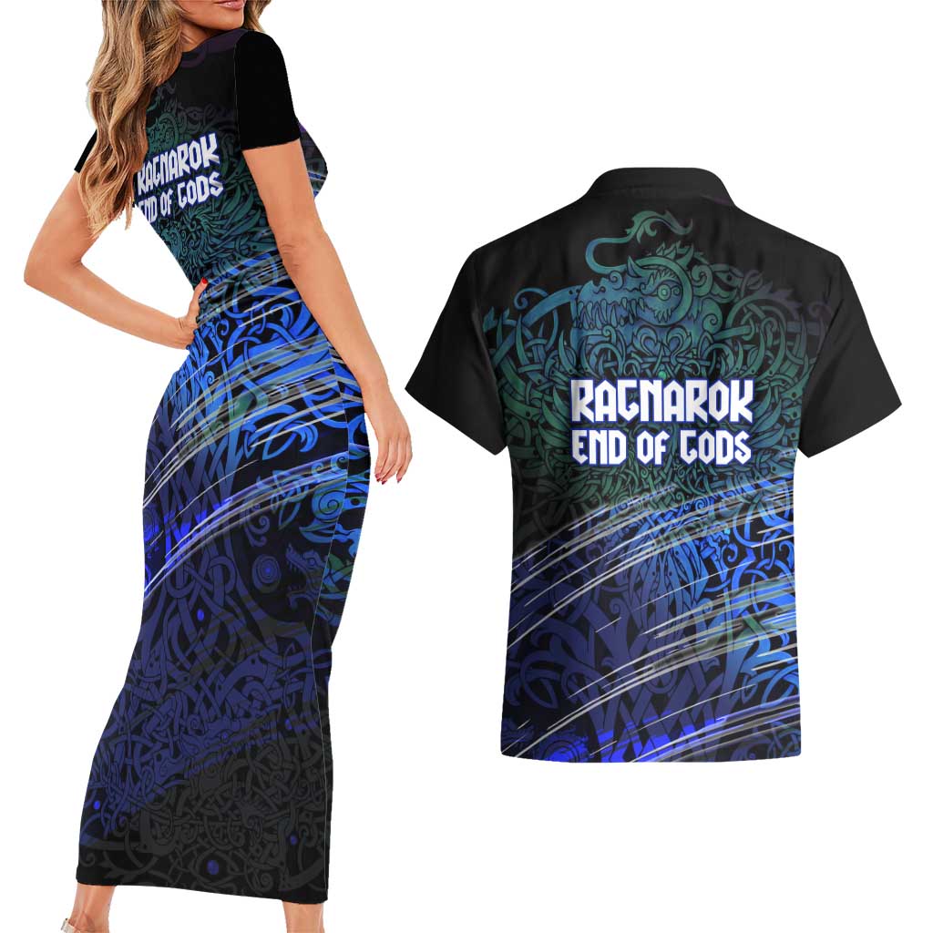 Fenrir Couples Matching Short Sleeve Bodycon Dress and Hawaiian Shirt with Blue Wolf, Runes and Ragnarok End of Gods Tribute - Wonder Print Shop