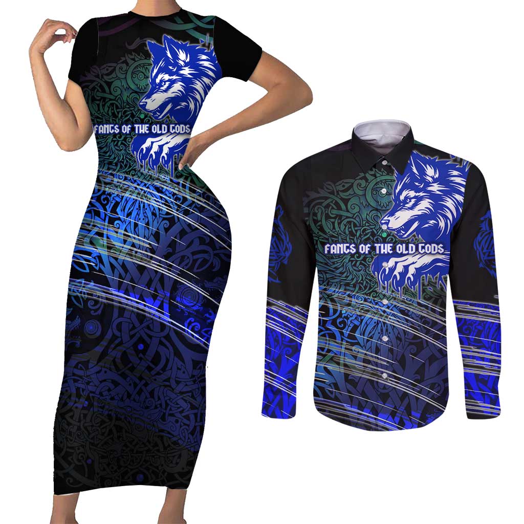 Fenrir Couples Matching Short Sleeve Bodycon Dress and Long Sleeve Button Shirt with Blue Wolf, Runes and Ragnarok End of Gods Tribute - Wonder Print Shop