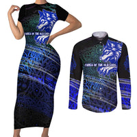 Fenrir Couples Matching Short Sleeve Bodycon Dress and Long Sleeve Button Shirt with Blue Wolf, Runes and Ragnarok End of Gods Tribute - Wonder Print Shop