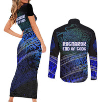 Fenrir Couples Matching Short Sleeve Bodycon Dress and Long Sleeve Button Shirt with Blue Wolf, Runes and Ragnarok End of Gods Tribute - Wonder Print Shop