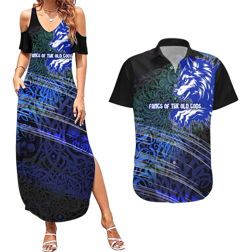 Fenrir Couples Matching Summer Maxi Dress and Hawaiian Shirt with Blue Wolf, Runes and Ragnarok End of Gods Tribute - Wonder Print Shop
