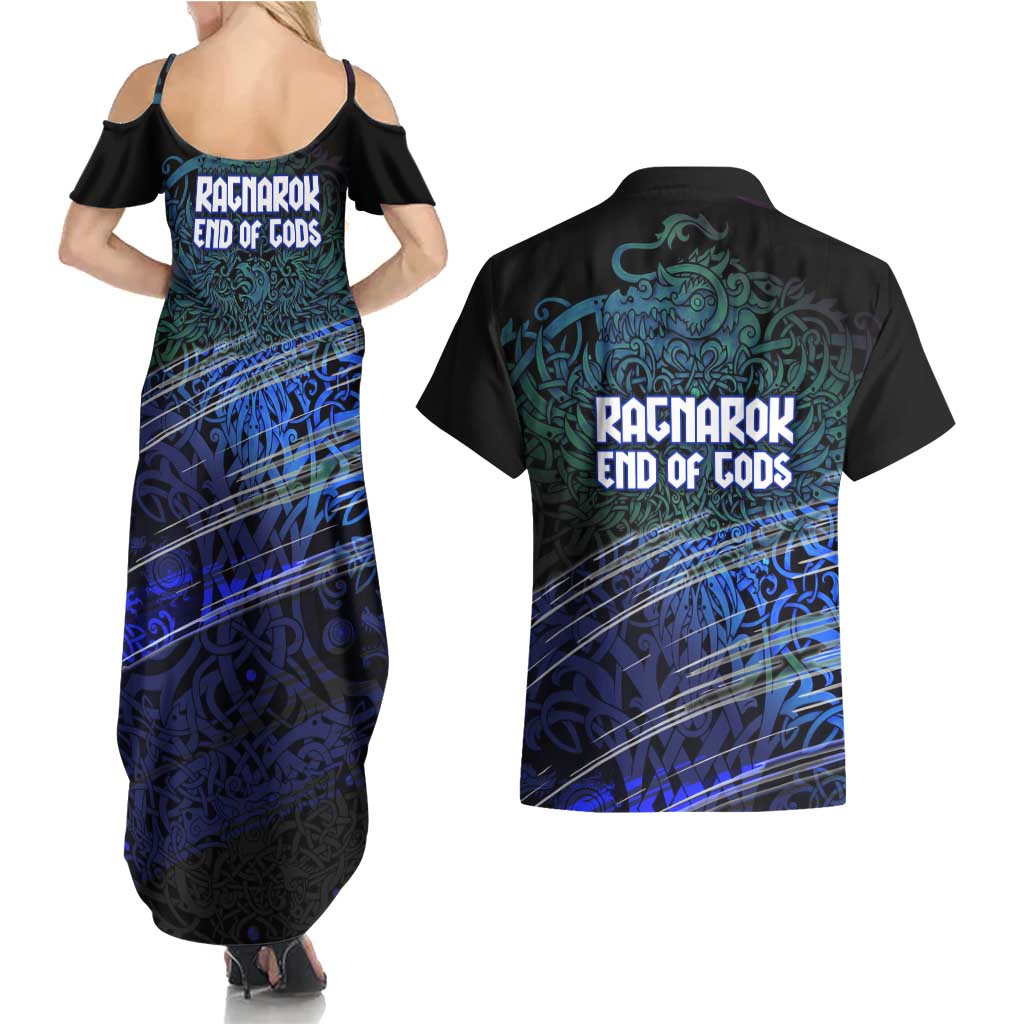 Fenrir Couples Matching Summer Maxi Dress and Hawaiian Shirt with Blue Wolf, Runes and Ragnarok End of Gods Tribute - Wonder Print Shop