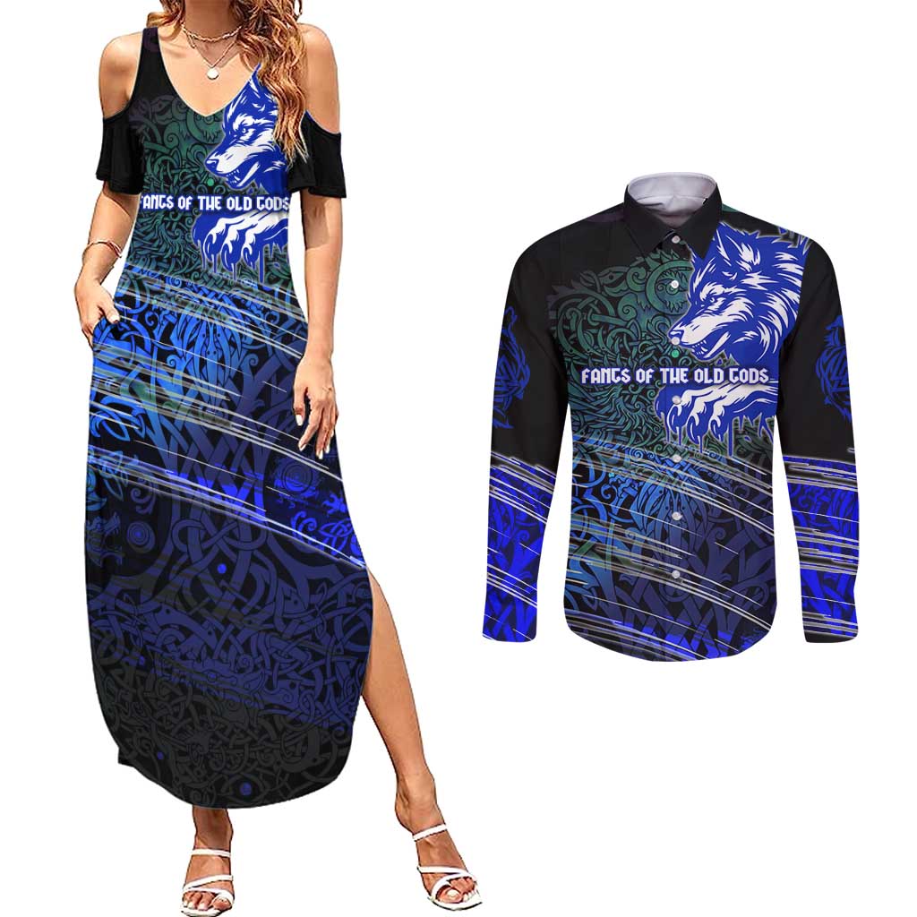 Fenrir Couples Matching Summer Maxi Dress and Long Sleeve Button Shirt with Blue Wolf, Runes and Ragnarok End of Gods Tribute - Wonder Print Shop