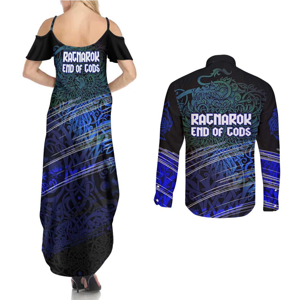 Fenrir Couples Matching Summer Maxi Dress and Long Sleeve Button Shirt with Blue Wolf, Runes and Ragnarok End of Gods Tribute - Wonder Print Shop