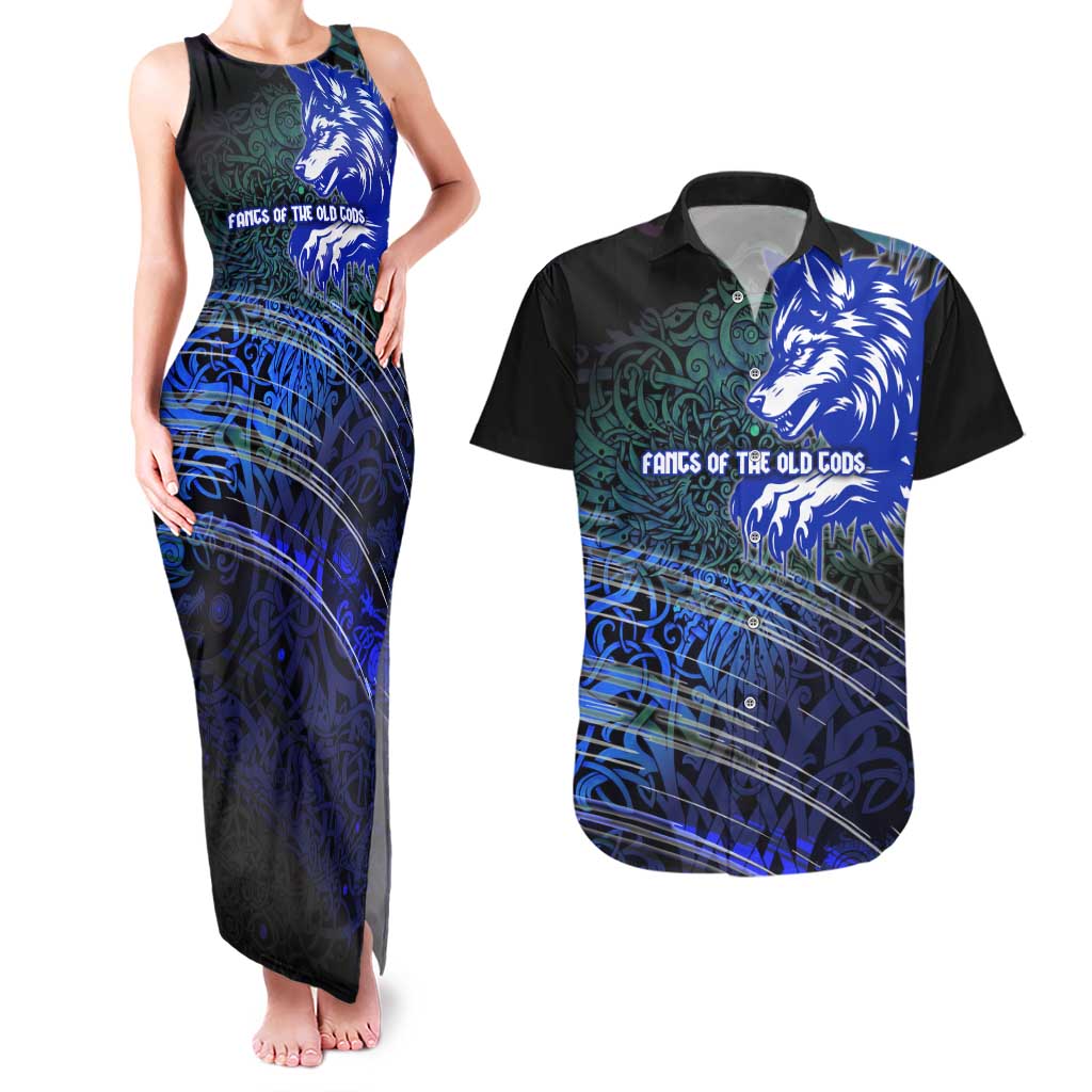 Fenrir Couples Matching Tank Maxi Dress and Hawaiian Shirt with Blue Wolf, Runes and Ragnarok End of Gods Tribute - Wonder Print Shop