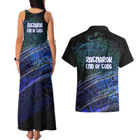 Fenrir Couples Matching Tank Maxi Dress and Hawaiian Shirt with Blue Wolf, Runes and Ragnarok End of Gods Tribute - Wonder Print Shop