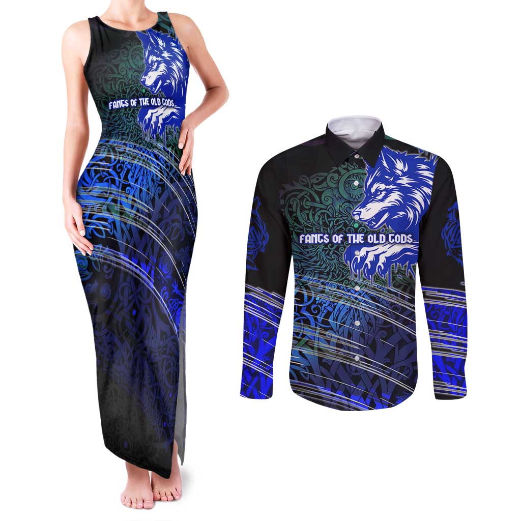 Fenrir Couples Matching Tank Maxi Dress and Long Sleeve Button Shirt with Blue Wolf, Runes and Ragnarok End of Gods Tribute - Wonder Print Shop