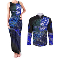 Fenrir Couples Matching Tank Maxi Dress and Long Sleeve Button Shirt with Blue Wolf, Runes and Ragnarok End of Gods Tribute - Wonder Print Shop